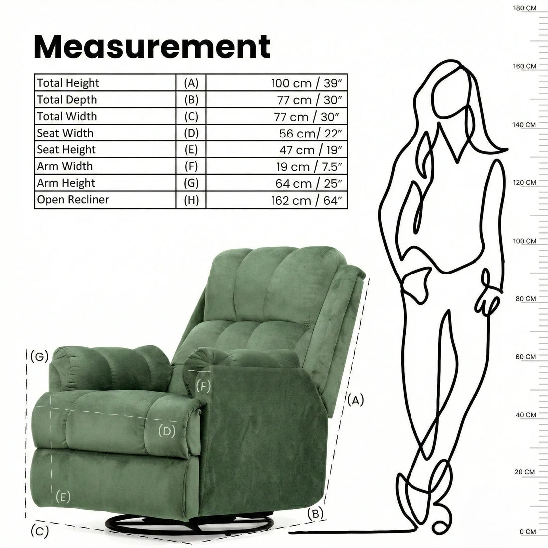 Hush Hiven Donna green smooth velvet motorized recliner chair dimensions and measurements diagram