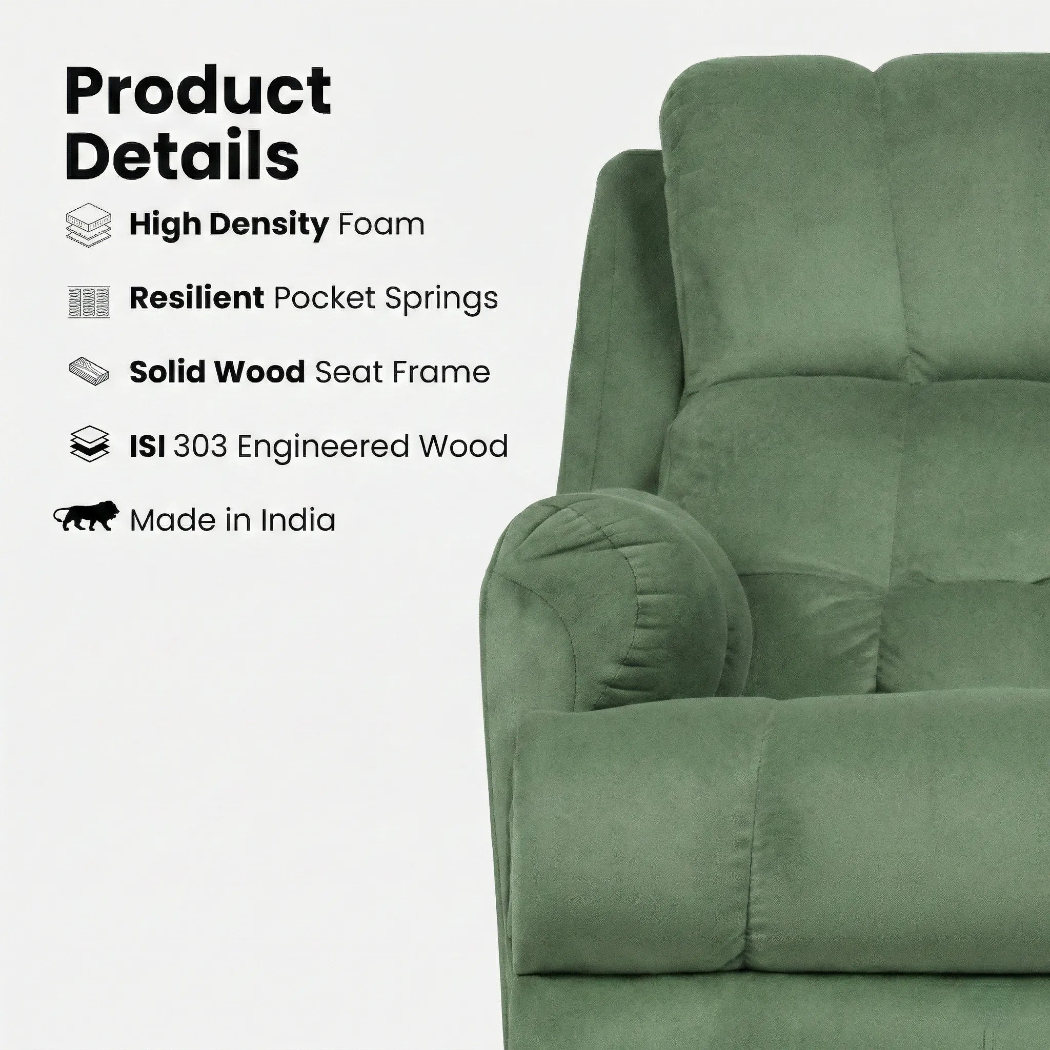 Hush Hiven Donna green smooth velvet motorized recliner chair with high density foam, pocket springs and solid wood frame