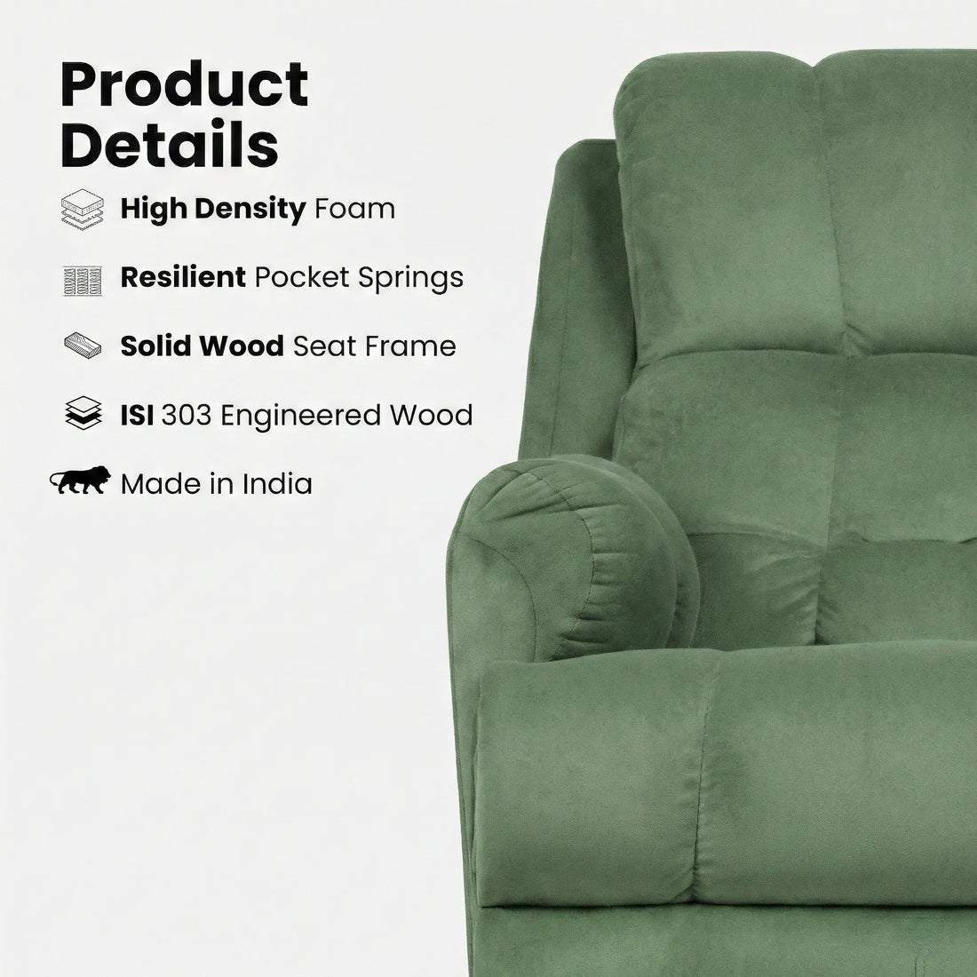 Hush Hiven Donna green smooth velvet motorized recliner chair with high density foam, pocket springs and solid wood frame