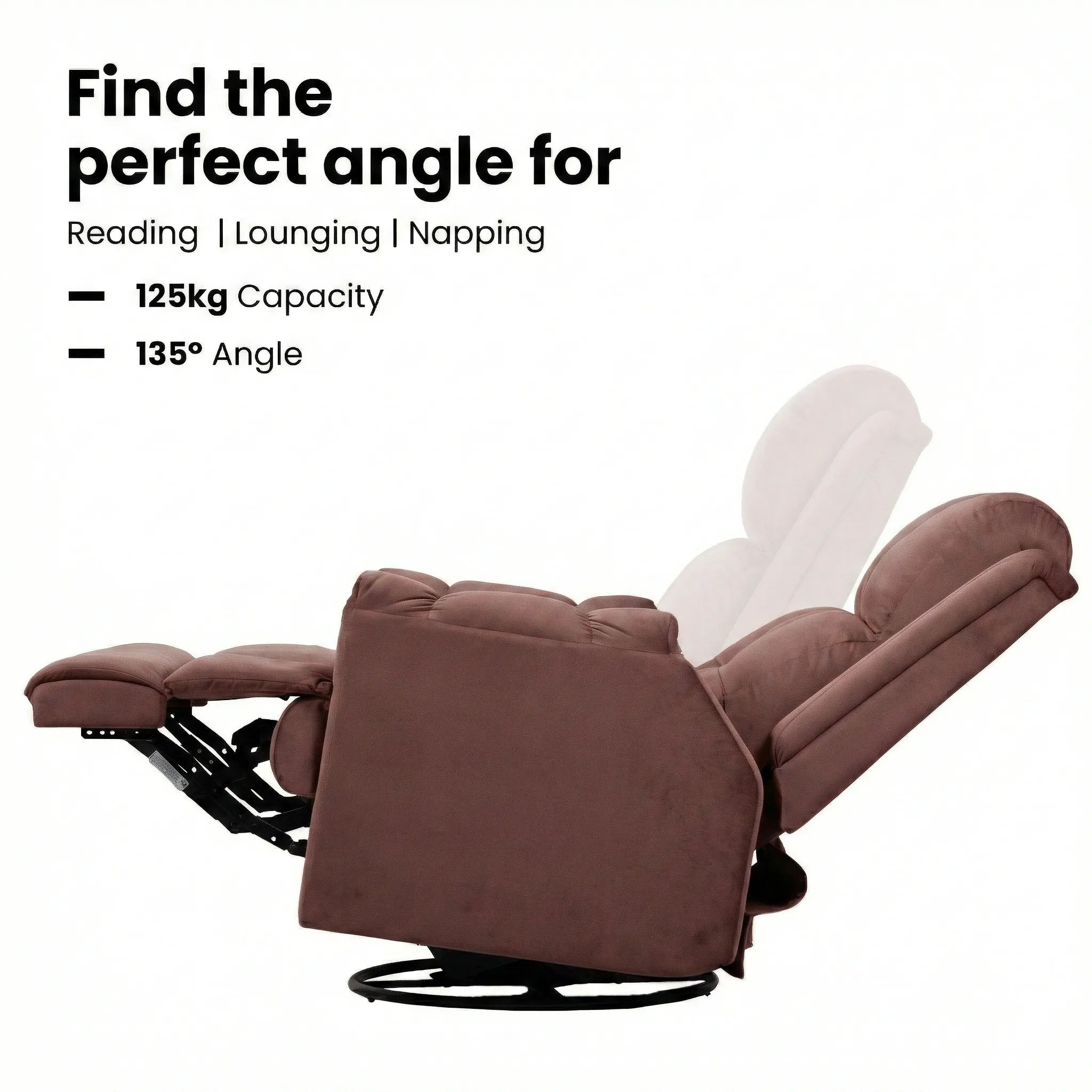 Hush Hiven Donna pink smooth velvet motorized recliner chair showing 135 degree reclining angle and 125kg weight capacity