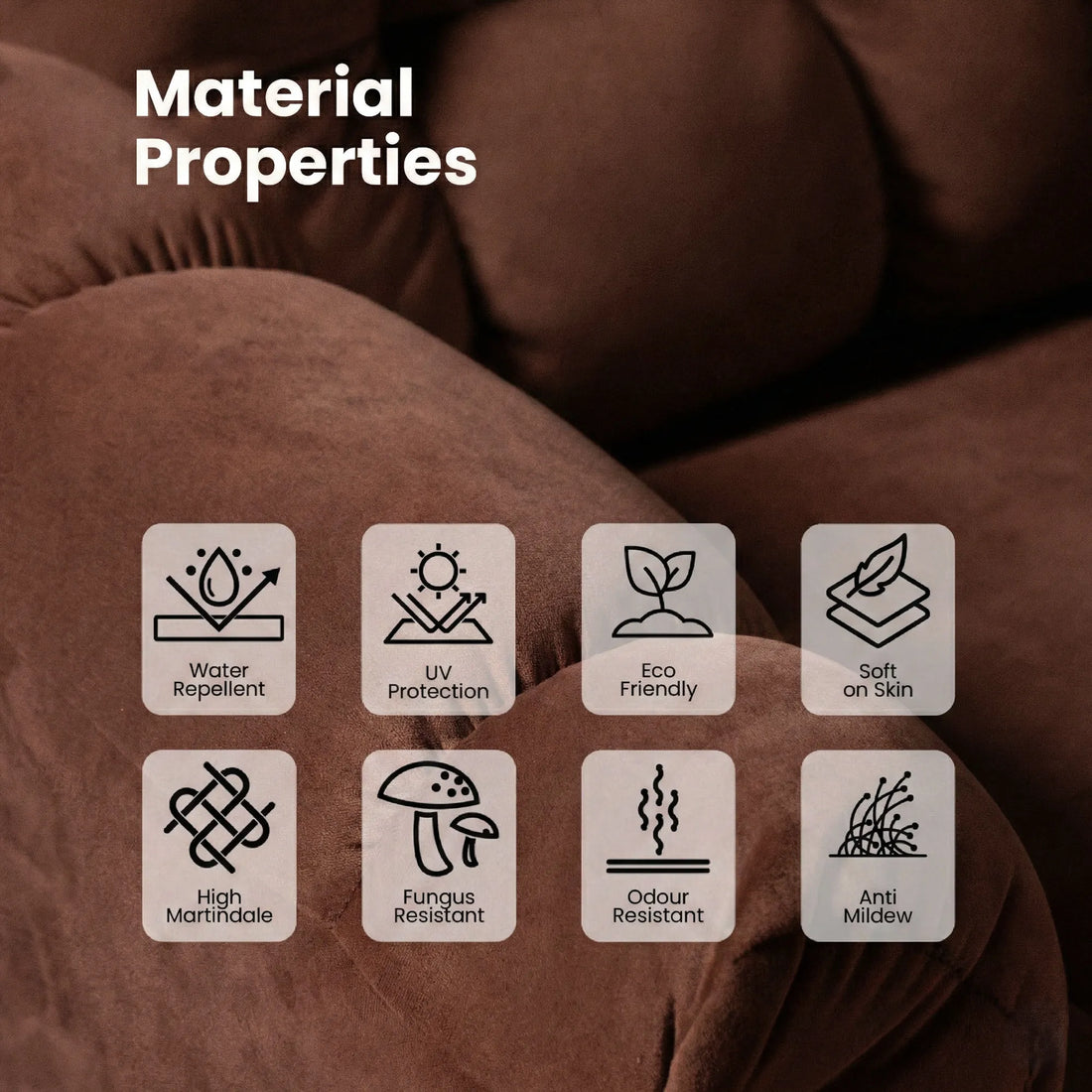 Hush Hiven Donna pink smooth velvet motorized recliner chair material properties showing UV protection and eco friendly