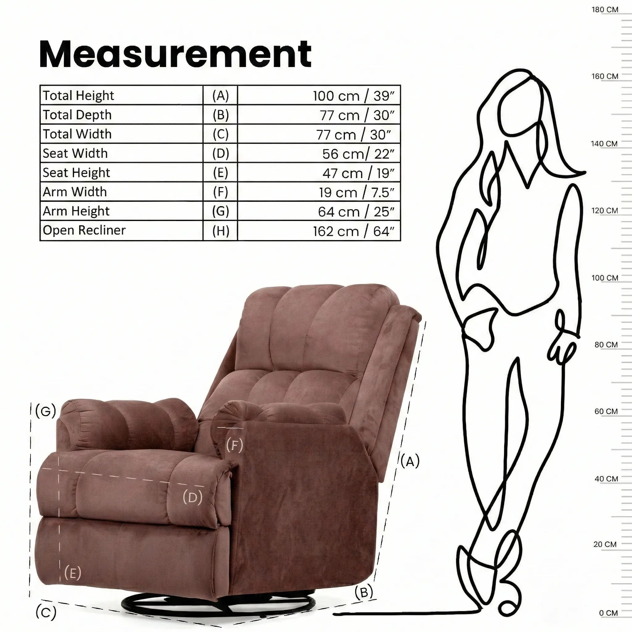 Hush Hiven Donna pink smooth velvet motorized recliner chair dimensions and measurements diagram