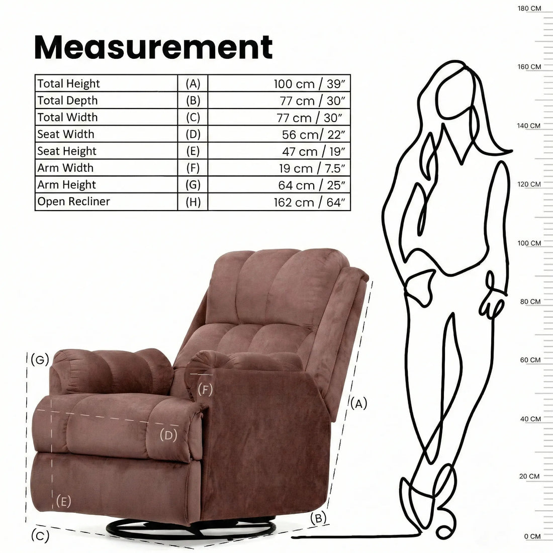 Hush Hiven Donna pink smooth velvet motorized recliner chair dimensions and measurements diagram