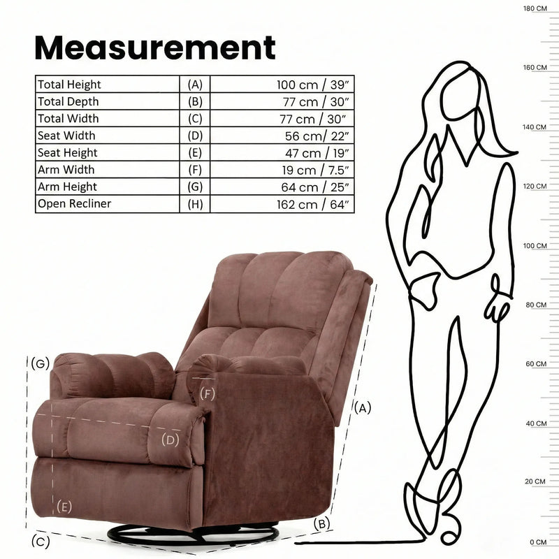 Hush Hiven Donna pink smooth velvet motorized recliner chair dimensions and measurements diagram