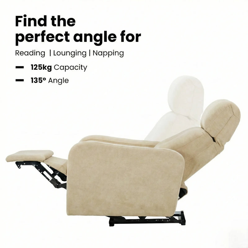 Hush Hiven EVA manual recliner chair beige showing 135 degree reclining angle with footrest for reading lounging and rest