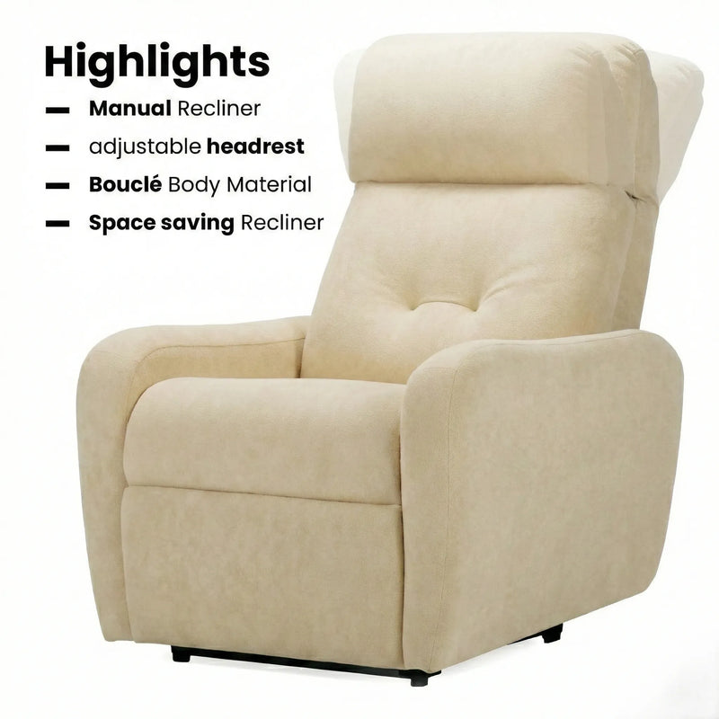 Hush Hiven EVA manual recliner chair beige boucle fabric with adjustable headrest space saving design single seater chair
