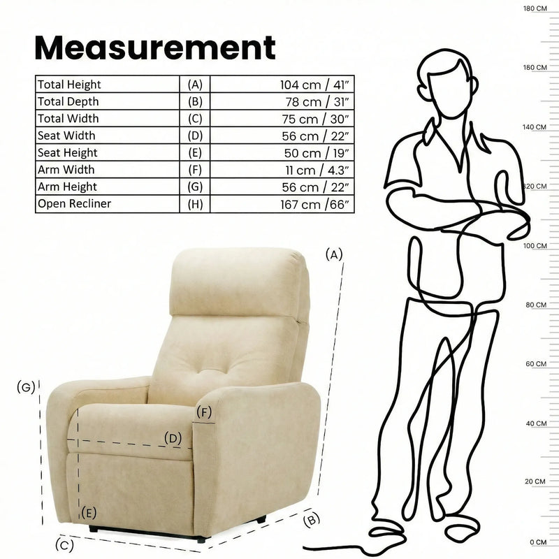 Hush Hiven EVA manual recliner chair beige single seater measurement showing height width depth and open recliner size