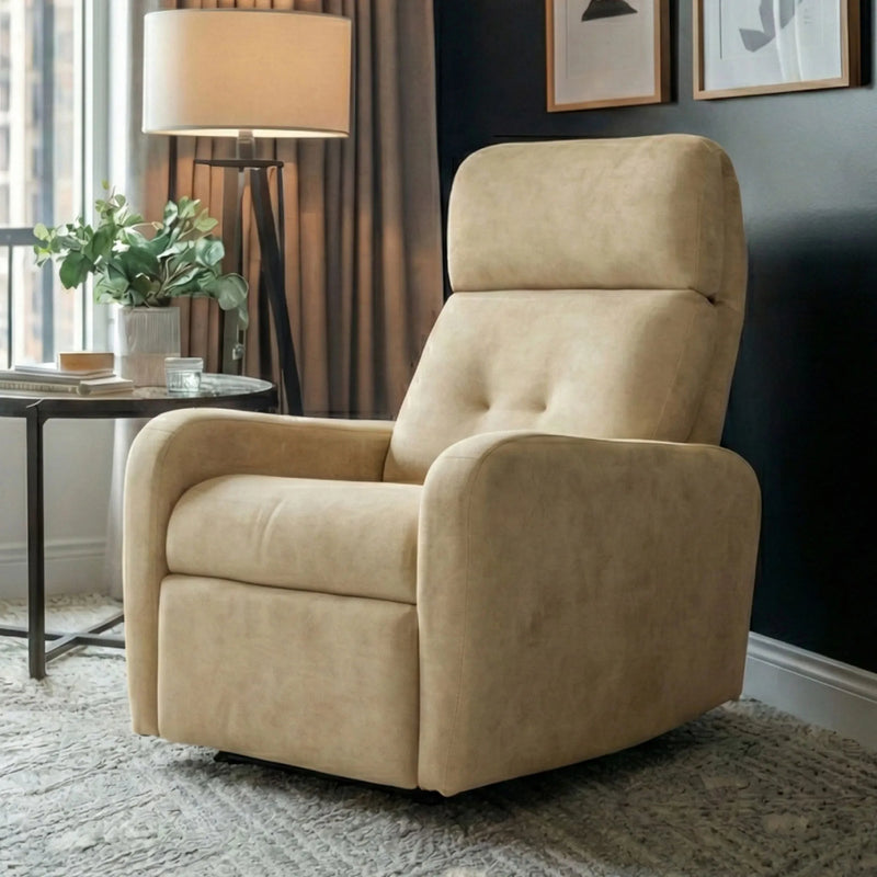 Hush Hiven EVA manual recliner chair beige fabric single seater placed in stylish living room near lamp and side table