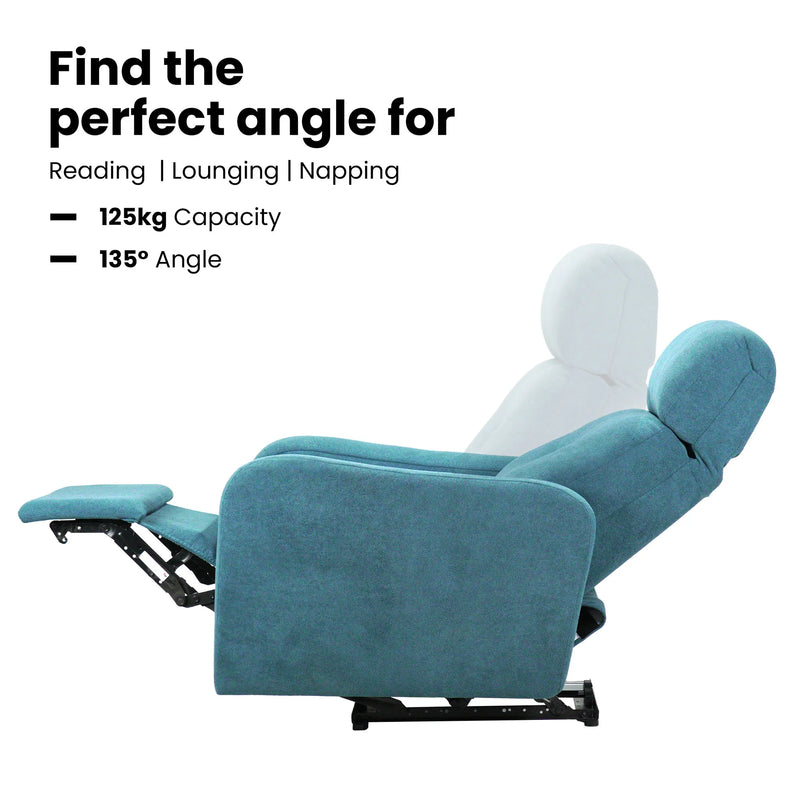 Hush Hiven EVA manual recliner chair blue showing 135 degree reclining angle with footrest for reading lounging and rest