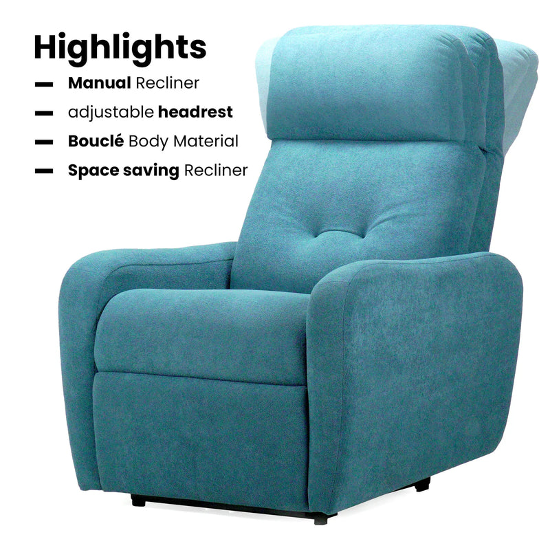 Hush Hiven EVA manual recliner chair blue boucle fabric with adjustable headrest space saving design single seater chair