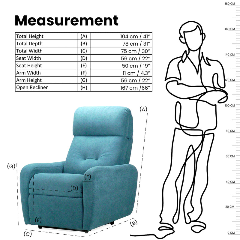 Hush Hiven EVA manual recliner chair blue single seater measurement showing height width depth and open recliner size