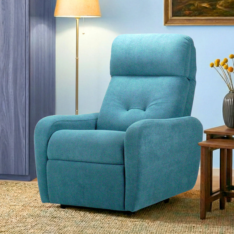 Hush Hiven EVA manual recliner chair blue fabric single seater placed in modern living room with lamp and table