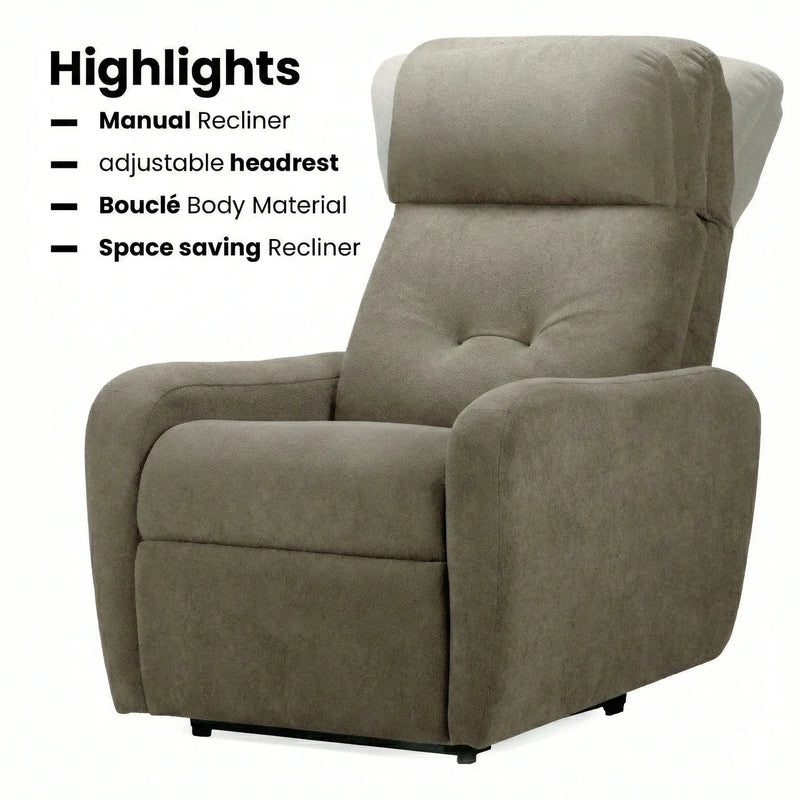 Hush Hiven EVA manual recliner chair brown boucle fabric with adjustable headrest space saving design single seater chair