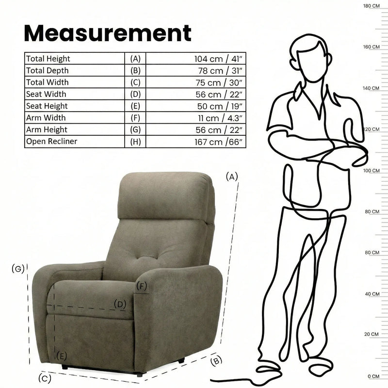 Hush Hiven EVA manual recliner chair brown single seater measurement showing height width depth and open recliner size