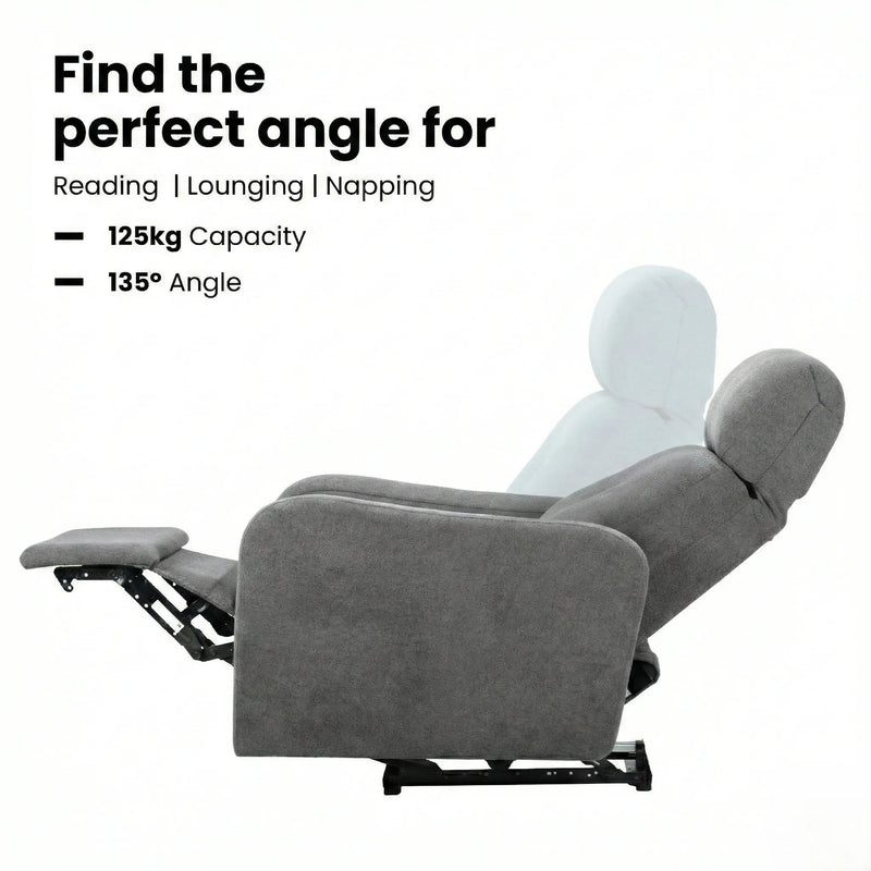 Hush Hiven EVA manual recliner chair dark grey showing 135 degree reclining angle with footrest for reading lounging and rest