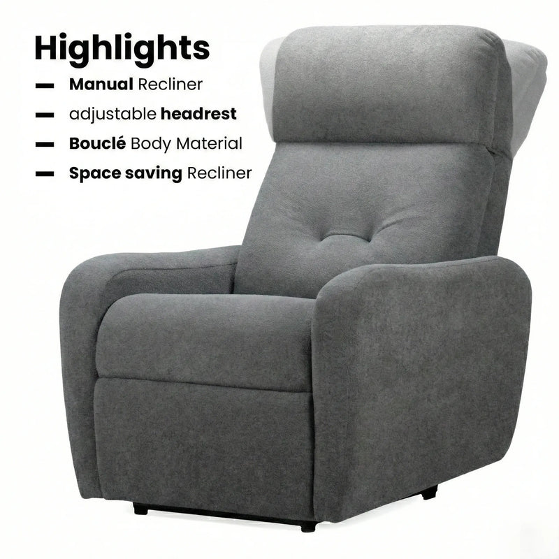 Hush Hiven EVA manual recliner chair dark grey boucle fabric with adjustable headrest space saving design single seater chair