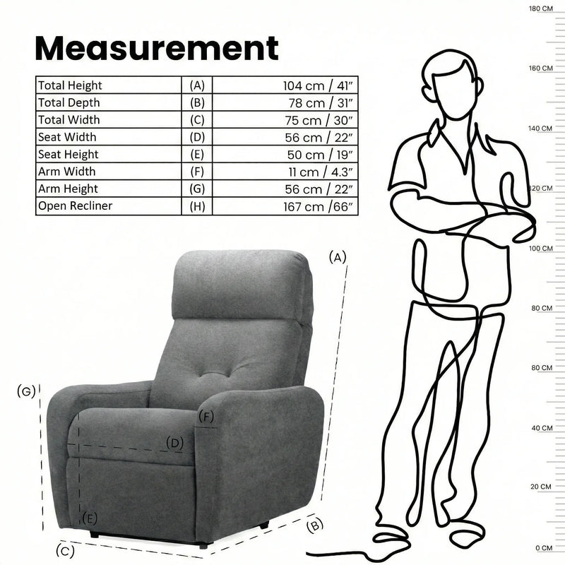 Hush Hiven EVA manual recliner chair dark grey single seater measurement showing height width depth and open recliner size