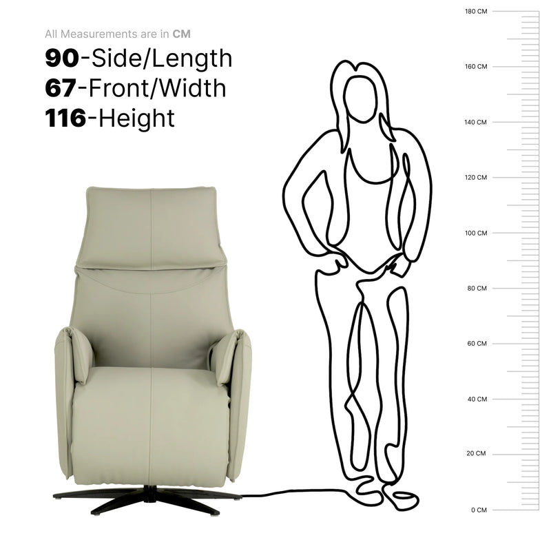 Hush Hiven Layback Triple Motor Recliner Chair Office Workspace with dimensions and a line drawing of a person for scale