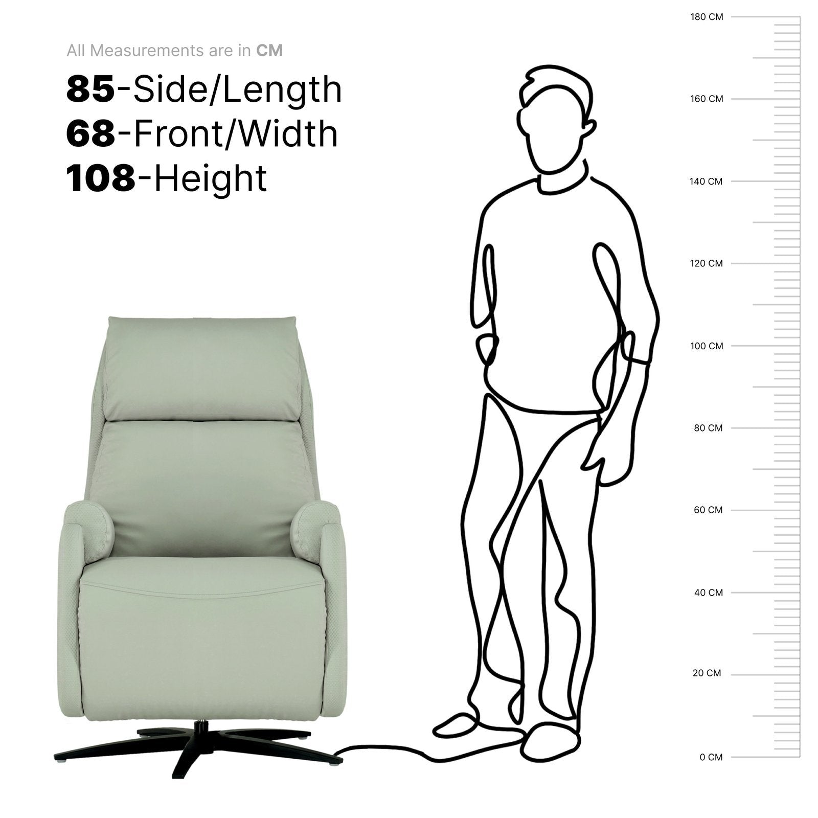 Measurement chart showing a recliner chair and a person's outline with dimensions.