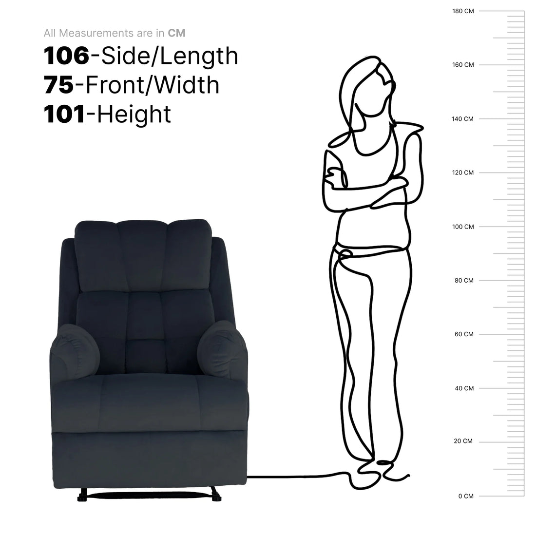 Black Hush Hiven Donna Velvet Single Seater Motorized Recliner Chair size chart