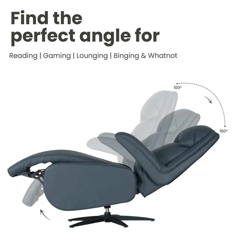 Harvey dark blue motorized recliner showing multiple recliner positions for reading gaming and lounging