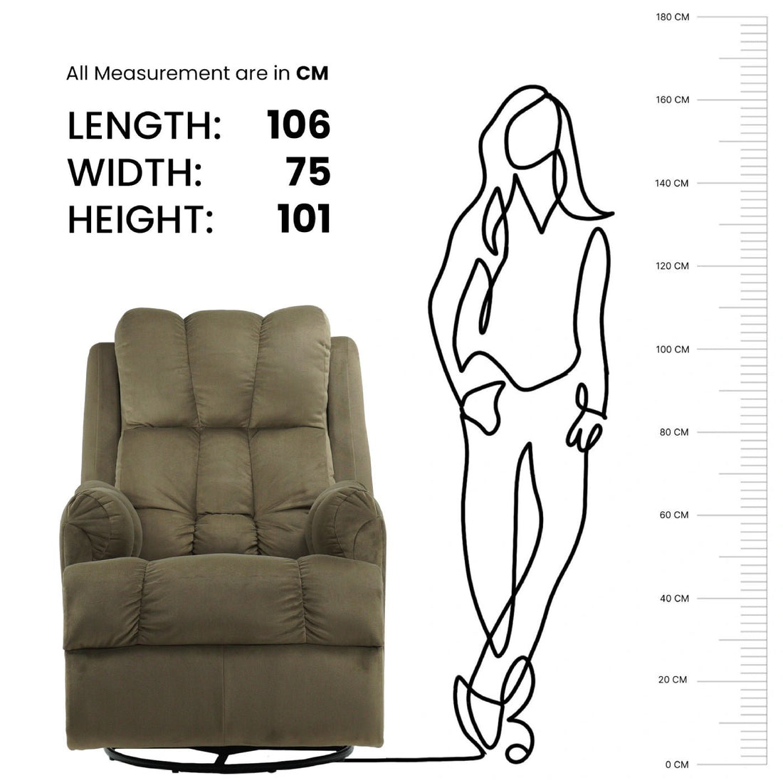 Black Hush Hiven Donna Velvet Single Seater Motorized Recliner Chair size chart