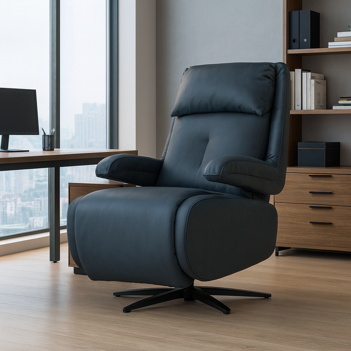 Blue recliner chair in a modern office setting with a desk and bookshelf.