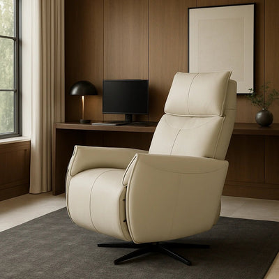Hush Hiven Layback Beige Triple Motor Recliner Chair for Office Workspace in a modern office setting with a desk and window.