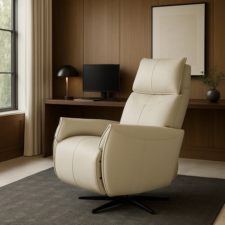 Beige motorised recliner chair in a modern room with a desk and window.