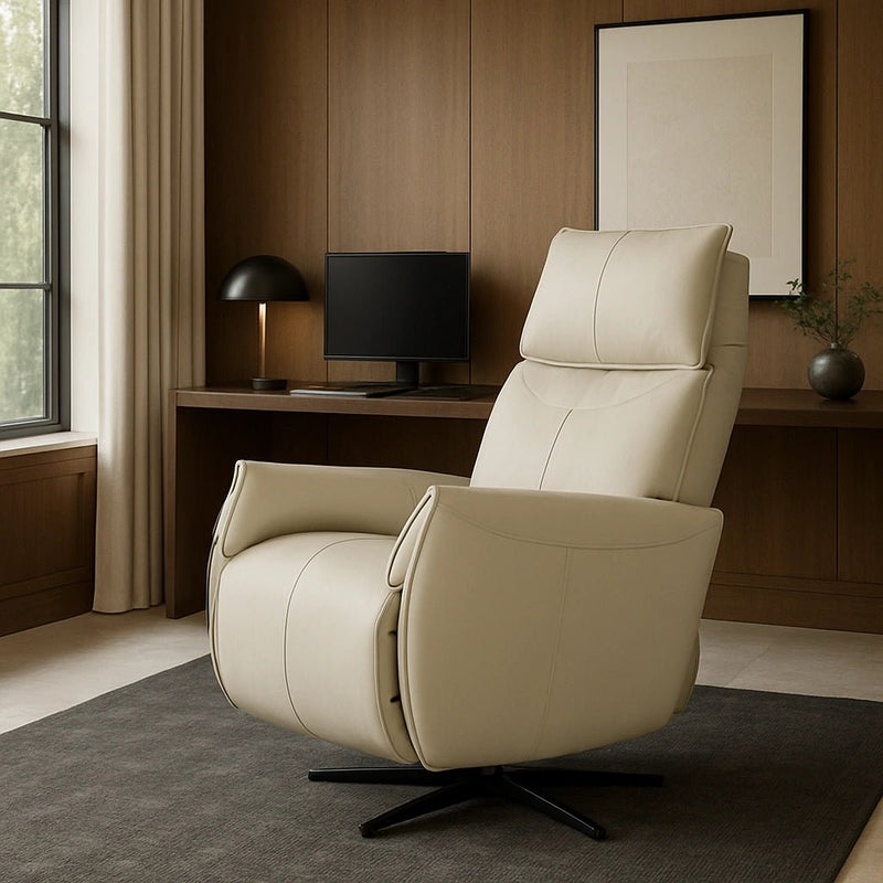 Hush Hiven Layback Beige Triple Motor Recliner Chair for Office Workspace in a modern office setting with a desk and window.