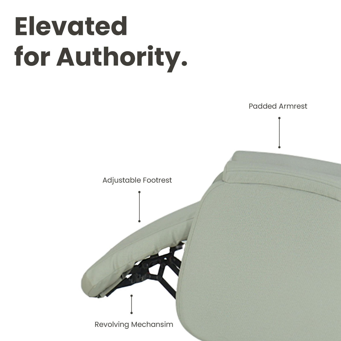 Elevated recliner chair with labeled features on a white background