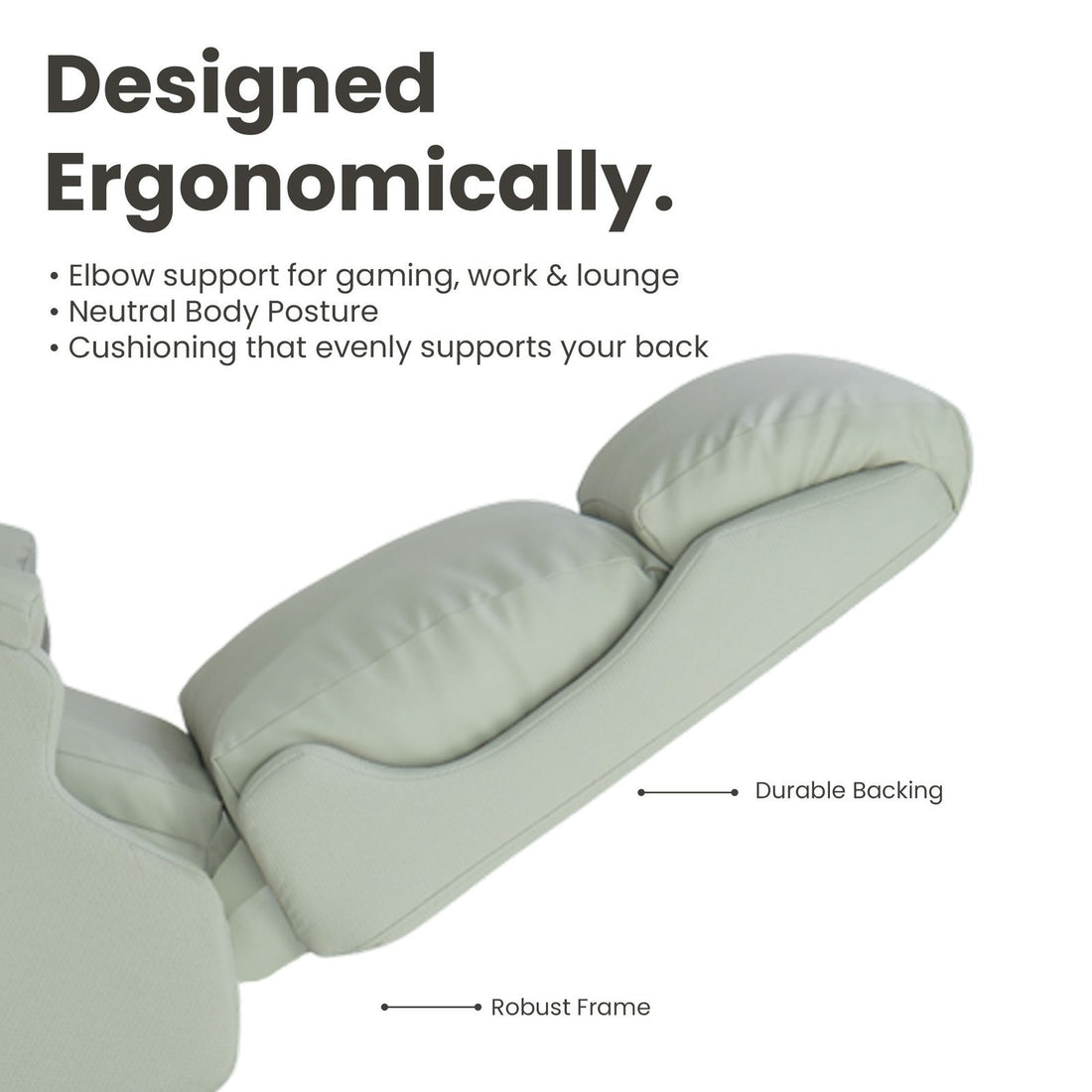 Ergonomic chair with text highlighting features on a white background