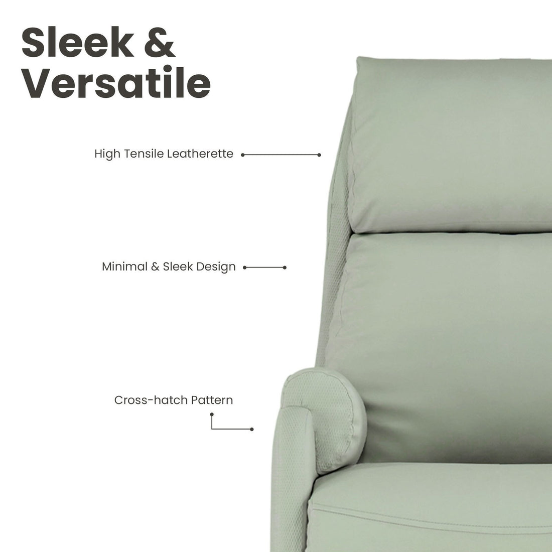 Light gray recliner chair with text highlighting features on a white background