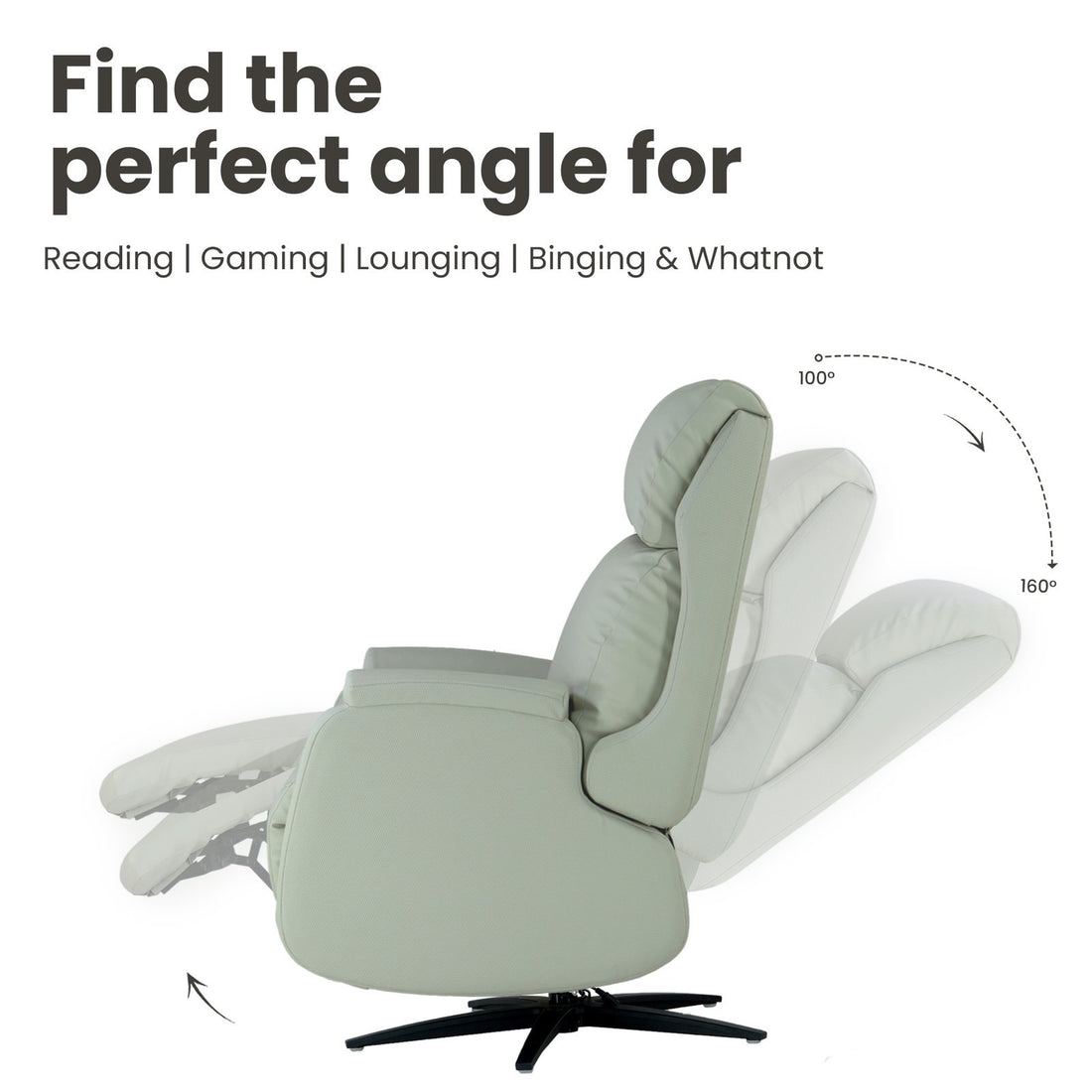 Recliner chair with adjustable angles for reading, gaming, lounging, and binging & whatnot on a white background.