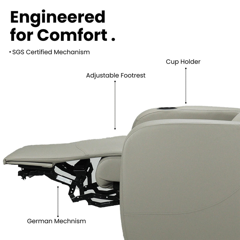 Motorised recliner chair mechanism with adjustable footrest and German mechanism for smooth reclining
