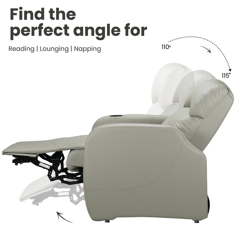 Home theatre recliner showing multiple recliner positions for reading lounging and napping