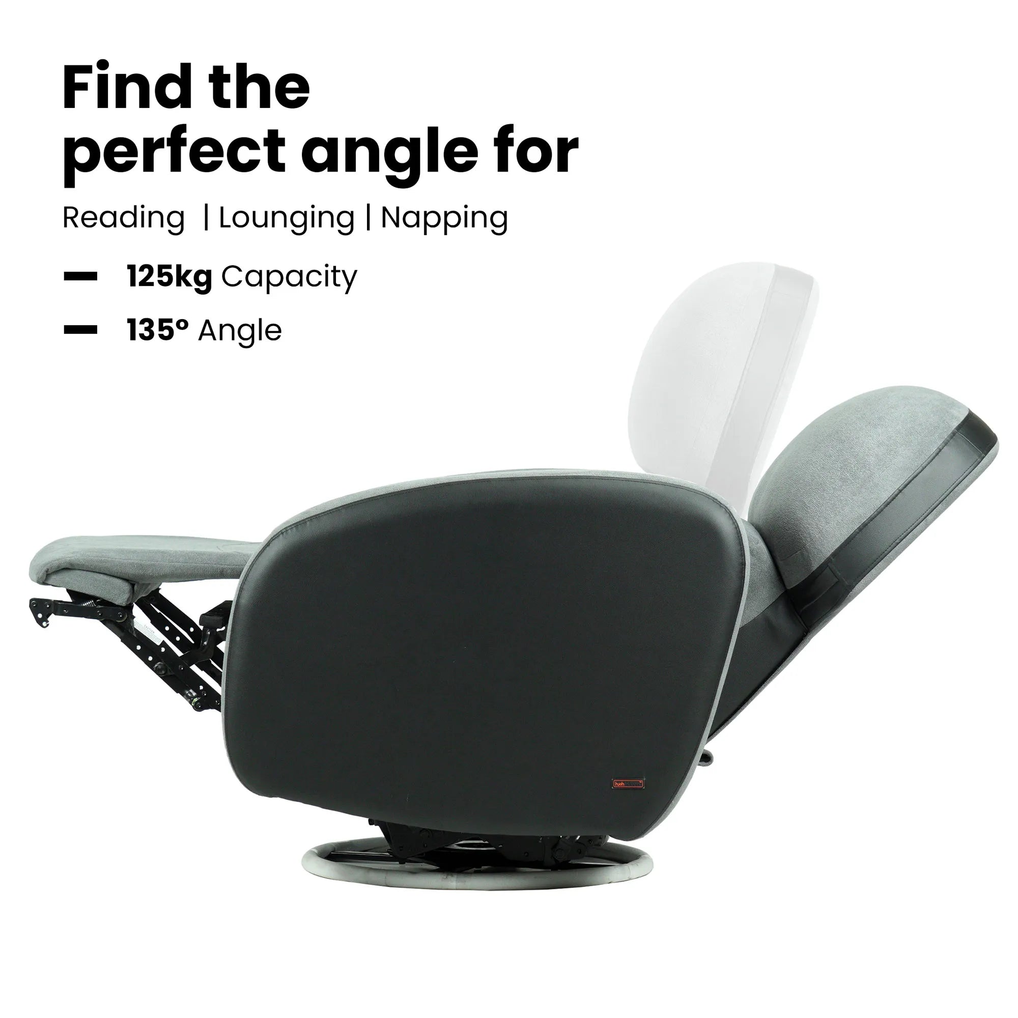 Hush Hiven Pebble motorized recliner chair black dual tone showing 135 degree reclining angle with footrest support