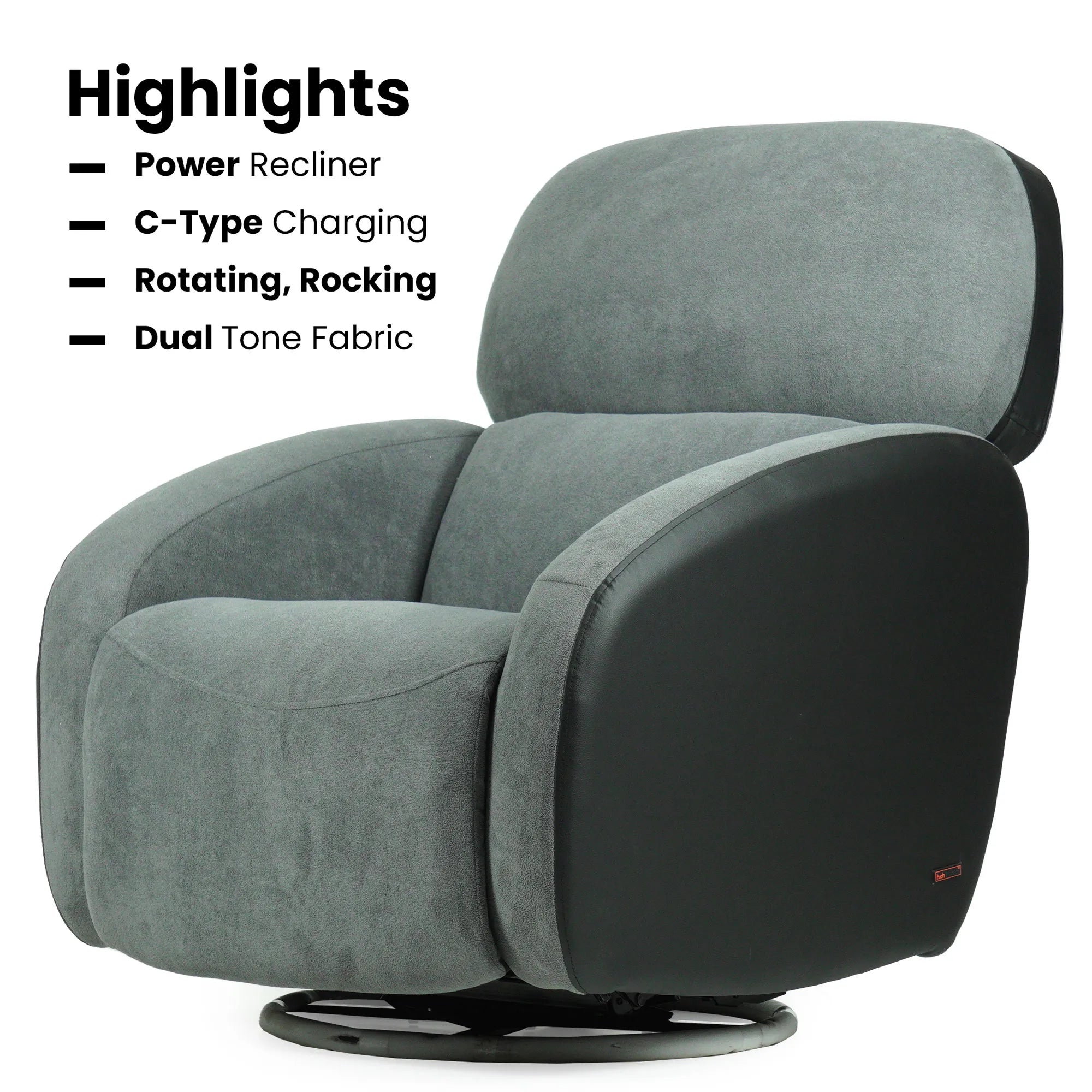 Hush Hiven Pebble motorized recliner chair black dual tone boucle and leatherette with rotating rocking and C type charging