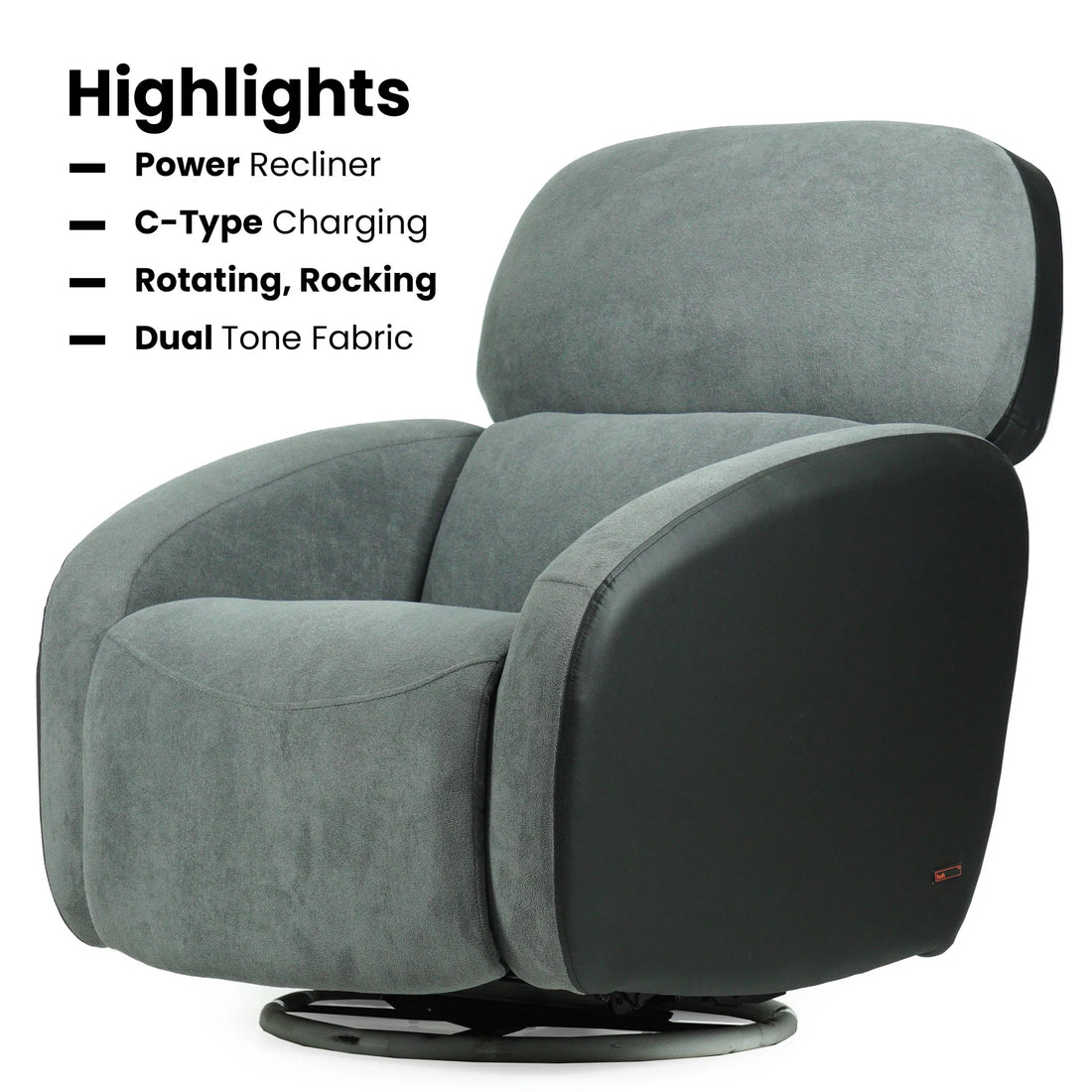 Hush Hiven Pebble motorized recliner chair black dual tone boucle and leatherette with rotating rocking and C type charging