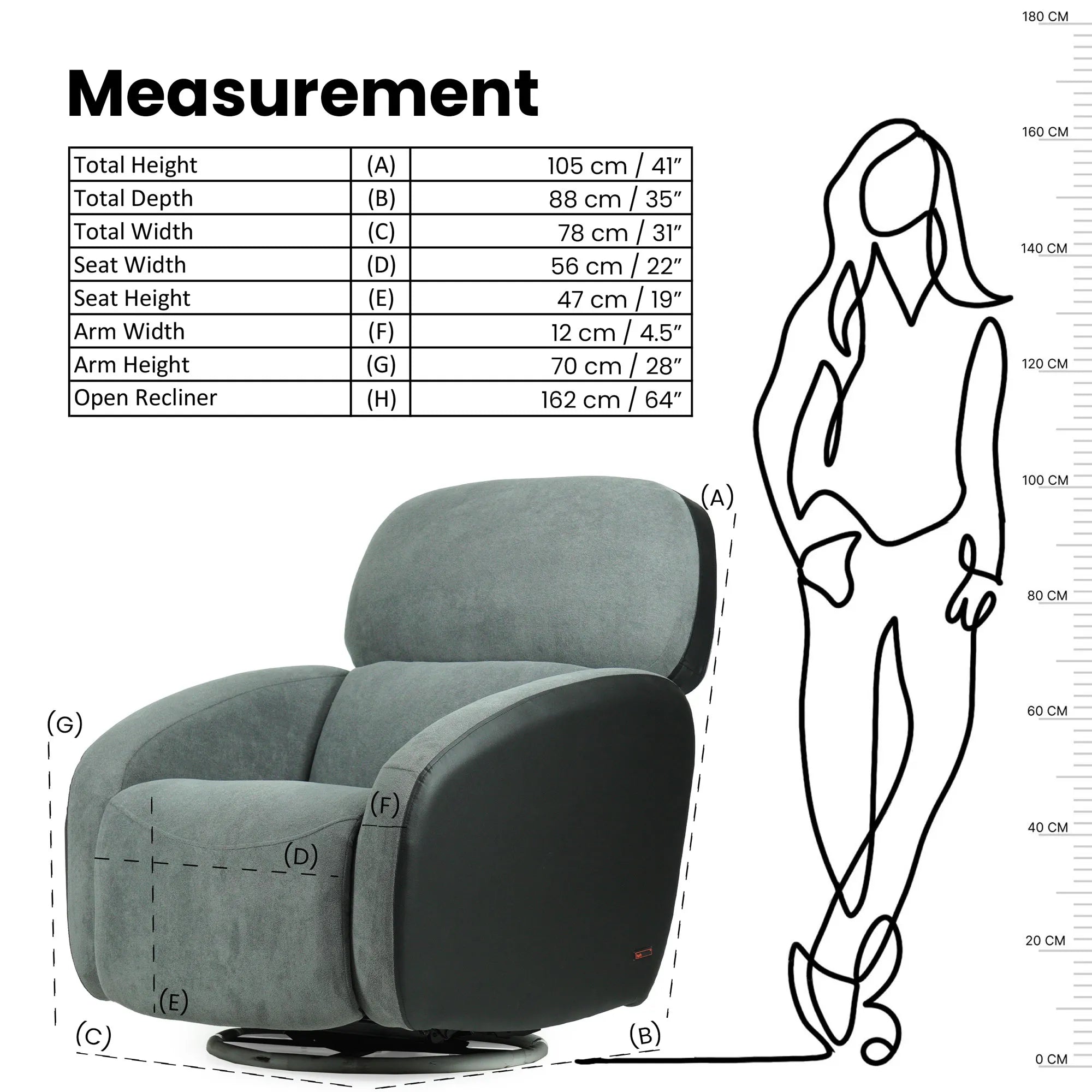 Hush Hiven Pebble motorized recliner chair black dual tone measurement showing height width depth and open recliner size