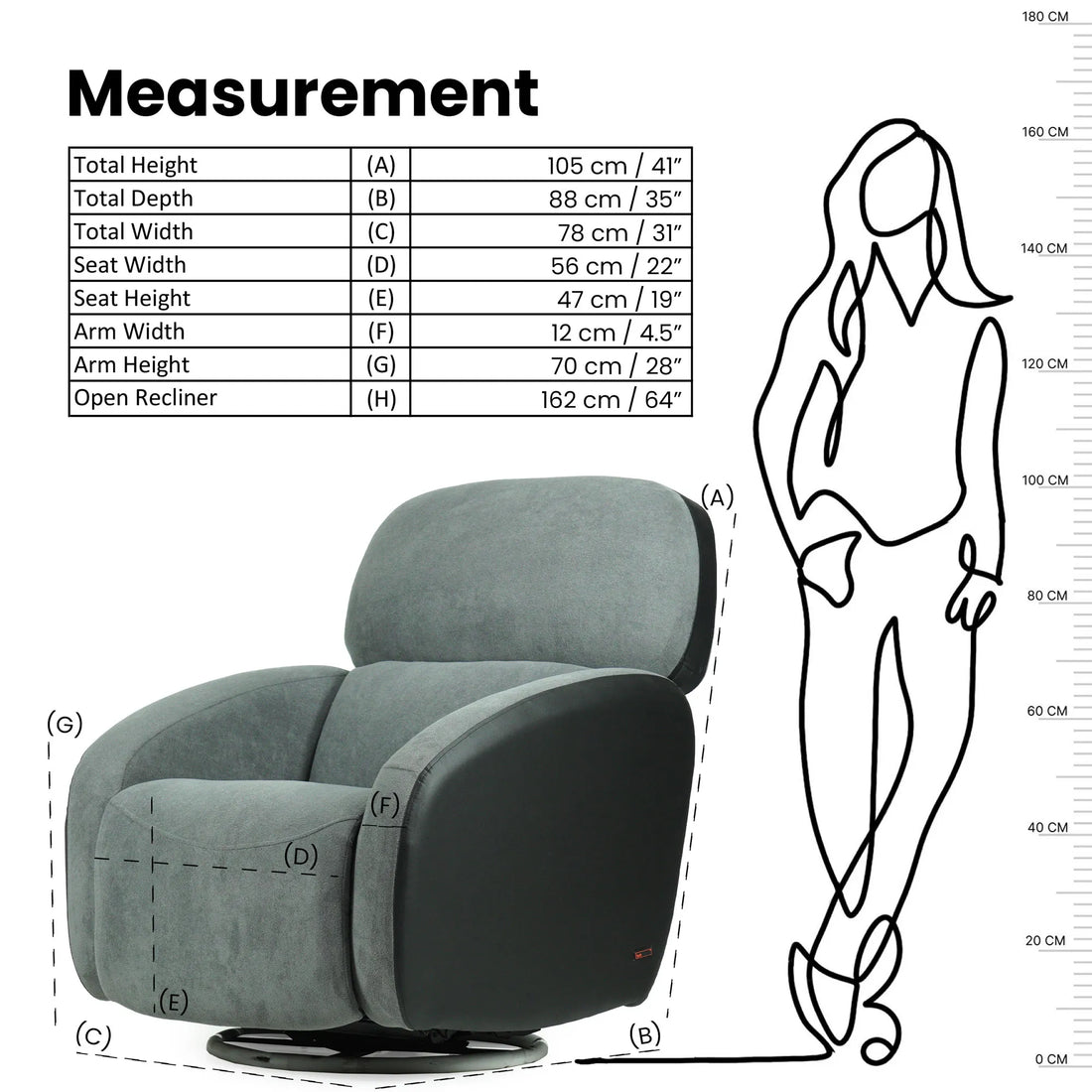 Hush Hiven Pebble motorized recliner chair black dual tone measurement showing height width depth and open recliner size