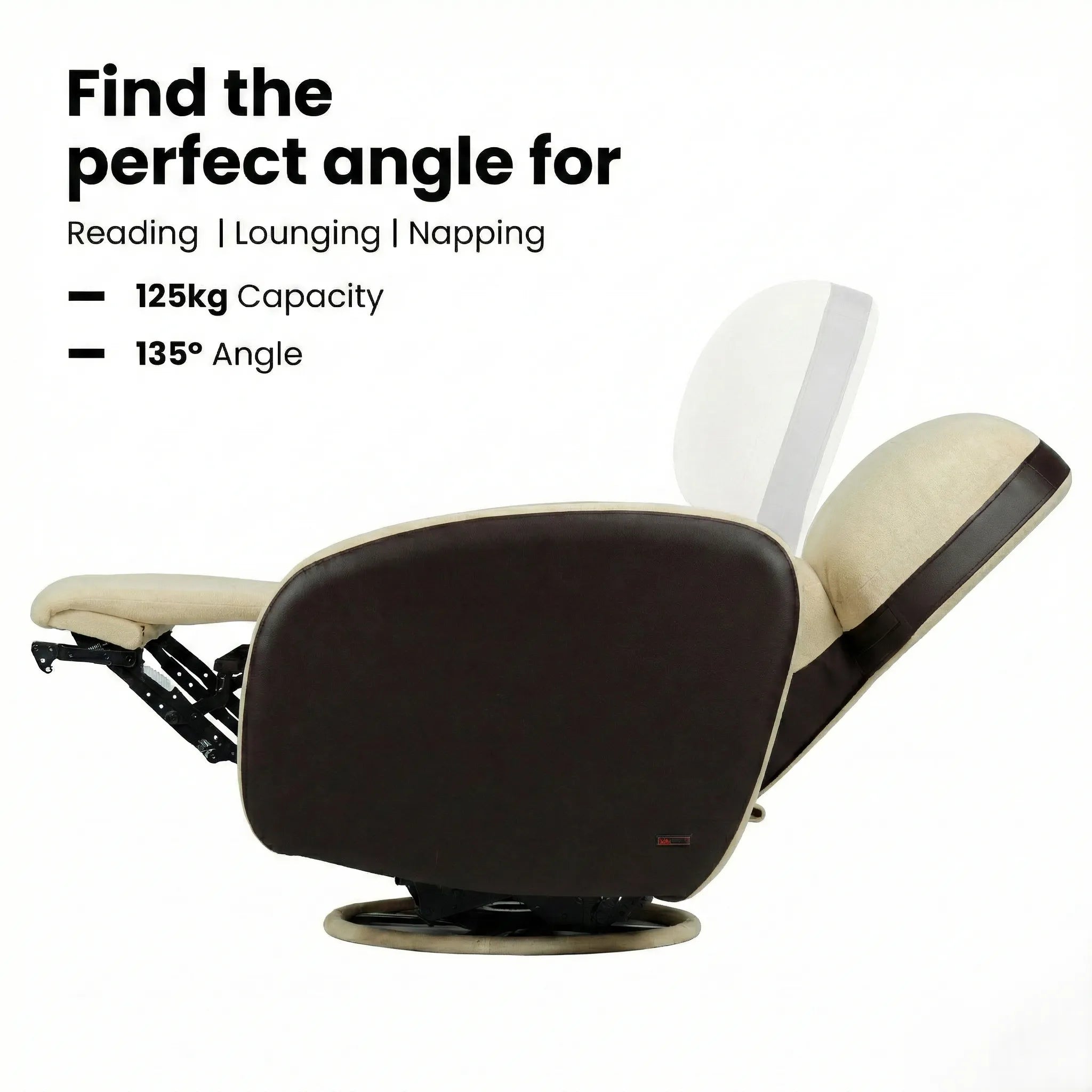 Hush Hiven Pebble motorized recliner chair brown dual tone showing 135 degree reclining angle with footrest support