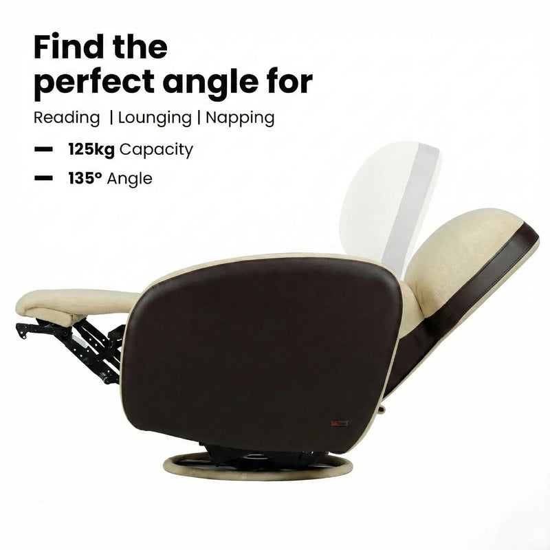 Hush Hiven Pebble motorized recliner chair brown dual tone showing 135 degree reclining angle with footrest support