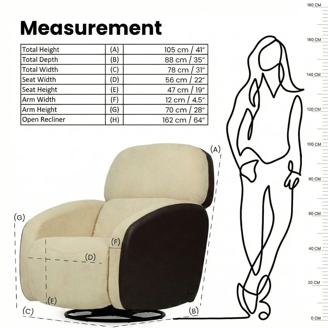 Hush Hiven Pebble motorized recliner chair brown dual tone measurement showing height width depth and open recliner size