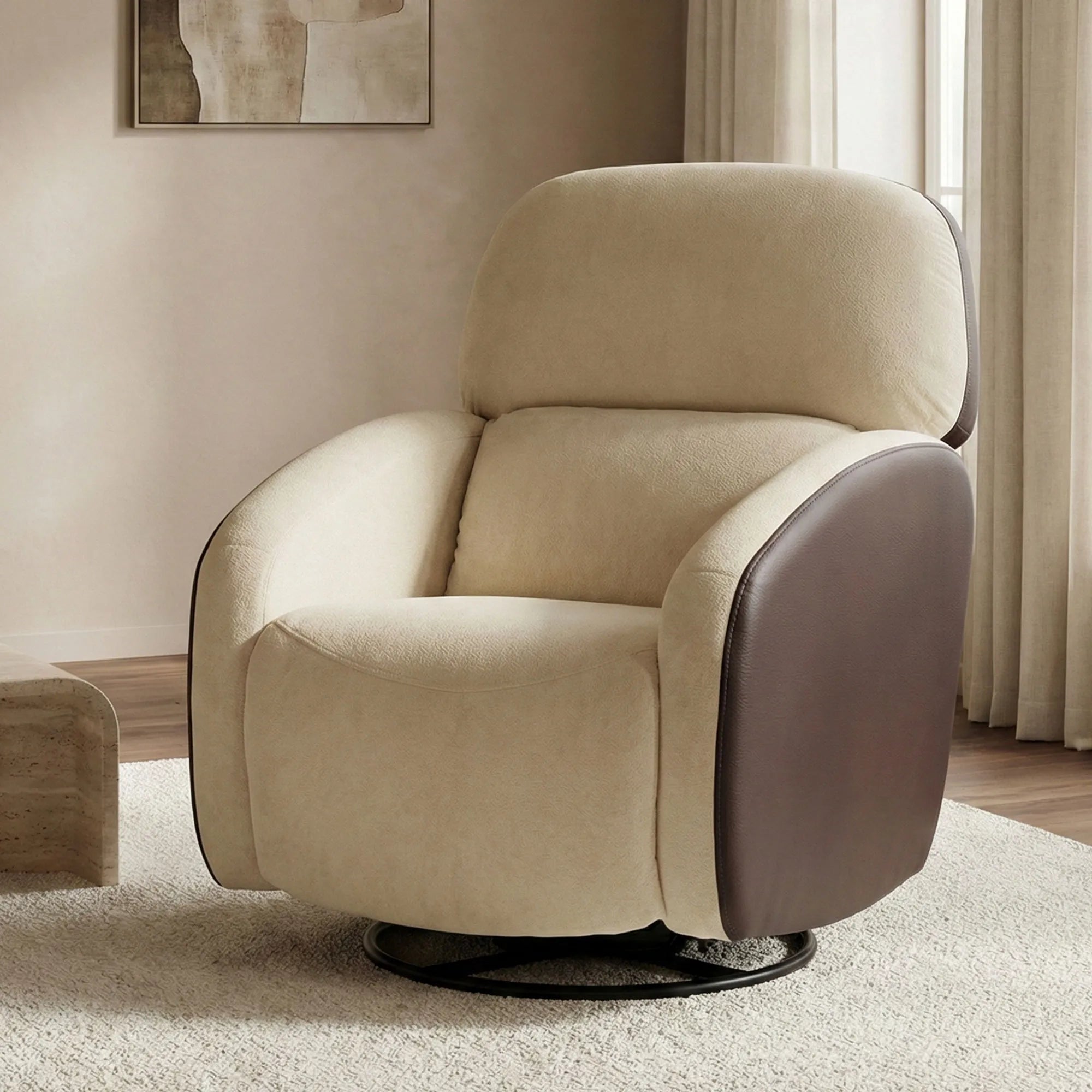 Hush Hiven Pebble motorized recliner chair brown dual tone boucle and leatherette single seater living room chair