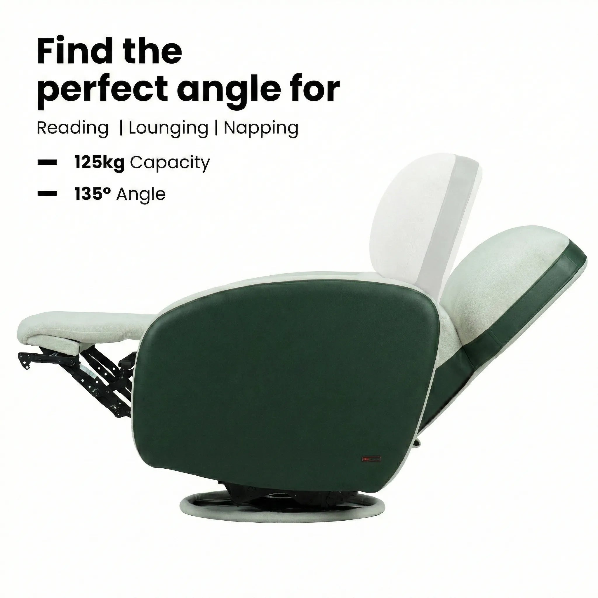 Hush Hiven Pebble motorized recliner chair green dual tone showing 135 degree reclining angle with footrest support