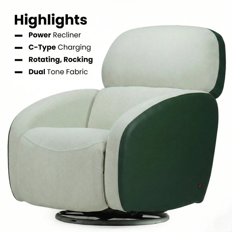 Hush Hiven Pebble motorized recliner chair green dual tone boucle and leatherette with rotating rocking and C type charging