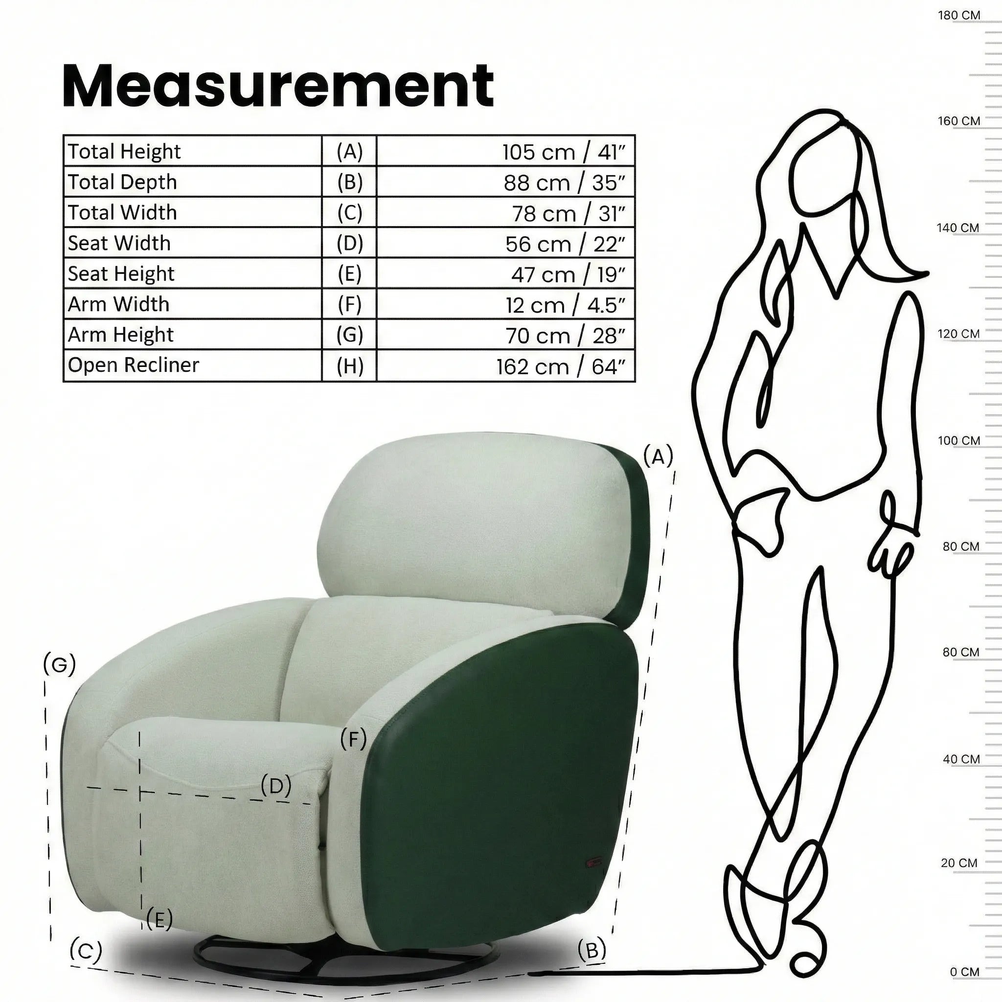 Hush Hiven Pebble motorized recliner chair green dual tone measurement showing height width depth and open recliner size