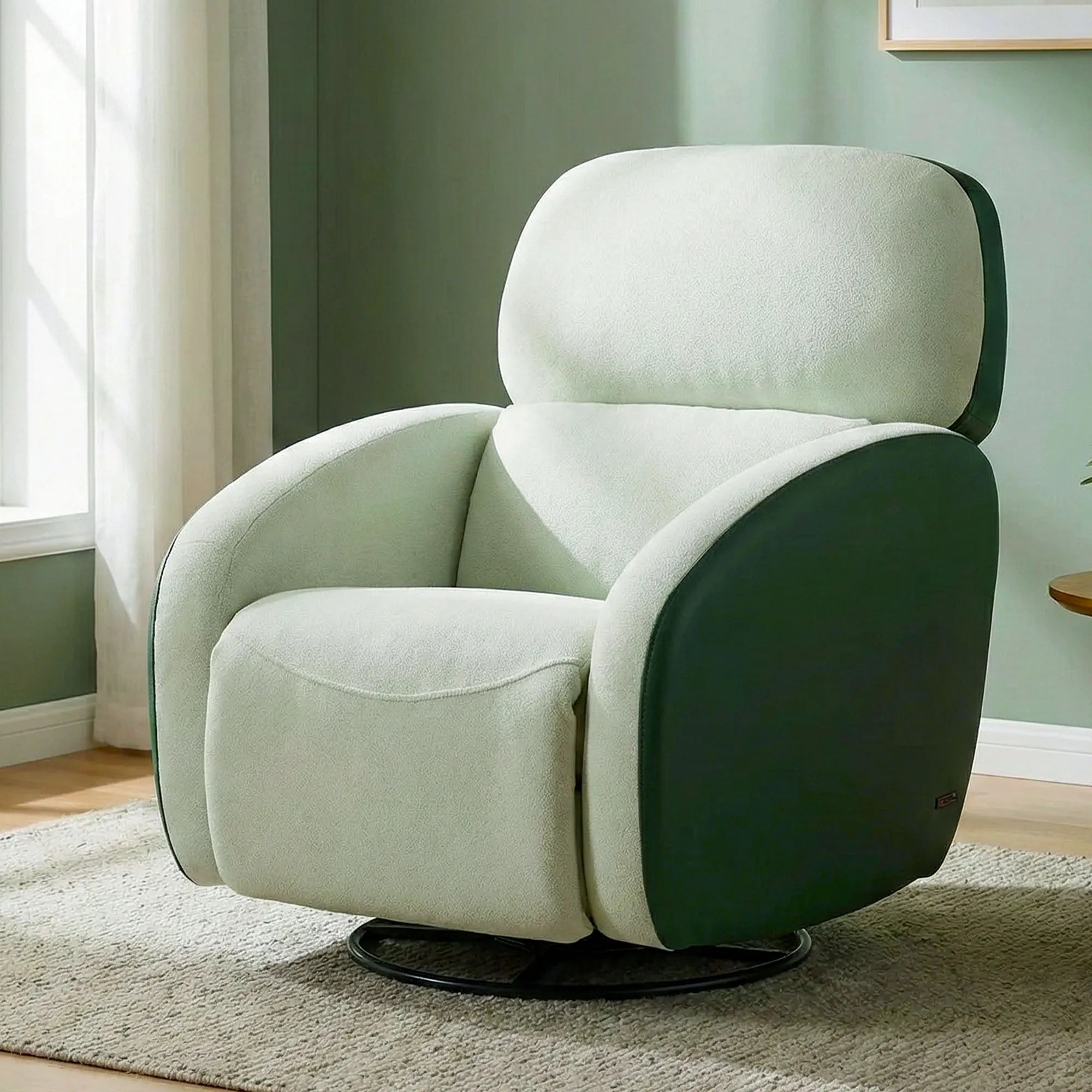 Hush Hiven Pebble motorized recliner chair green dual tone boucle and leatherette swivel recliner chair