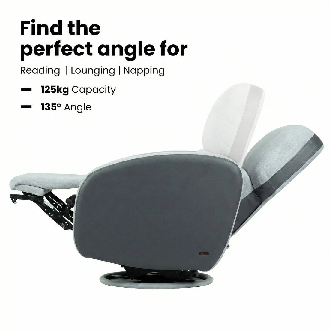 Hush Hiven Pebble motorized recliner chair grey dual tone showing 135 degree reclining angle with footrest support